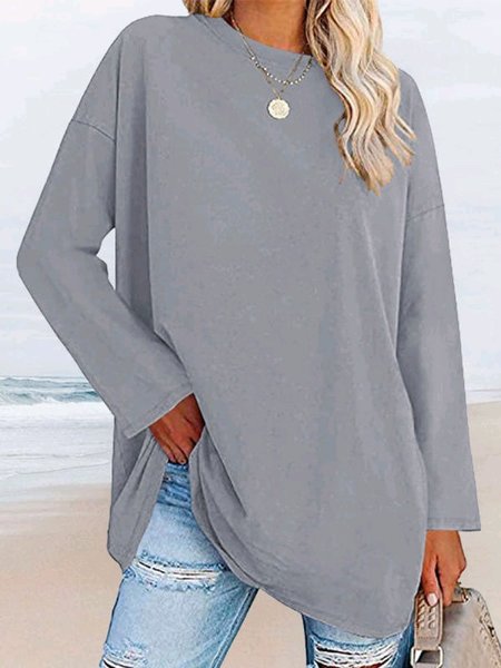 

Crew Neck Plain Regular Fit Tops, Gray, T-Shirts