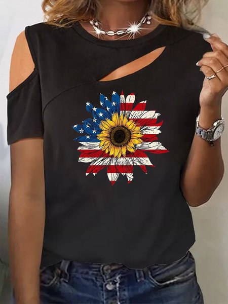 

Floral Loosen Hollow Out Short Sleeve T-Shirt, Black, T-Shirts