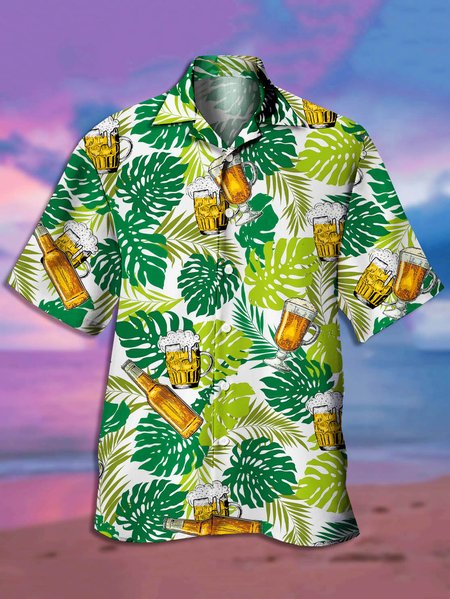 

Men's Botanical Drink Print Casual Short Sleeve Hawaiian Shirt, Green, Men's Floral shirt