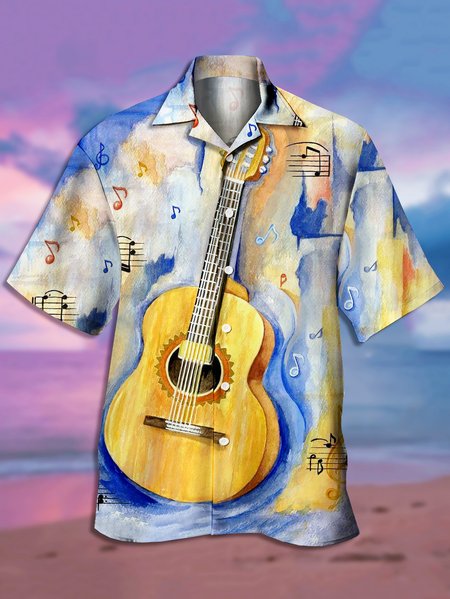 

Men's Guitar Print Casual Short Sleeve Hawaiian Shirt, Yellow, Men's Floral shirt