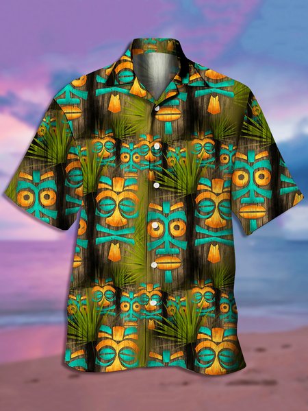

Men's TIKI Print Casual Short Sleeve Hawaiian Shirt, Green, Men's Floral shirt