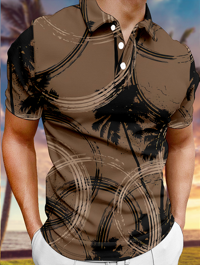 

Resort-Style Hawaiian Botanical Coconut Stripe Geometric Pattern Lapel Short-Sleeved Polo Print Top, Brown, Men's t-shirts