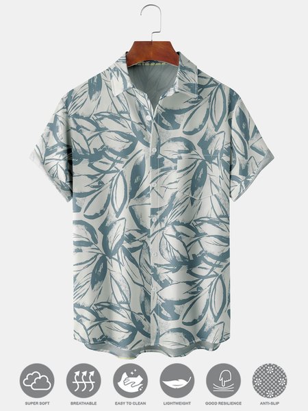 Men's Leaf Print Moisture Wicking Fabric Fashion Hawaiian Lapel Pocket Short Sleeve Shirt