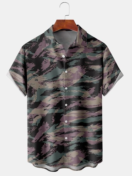 

Camo Graphic Men's Casual Short Sleeve Chest Pocket Shirt, Black, Men's Floral shirt