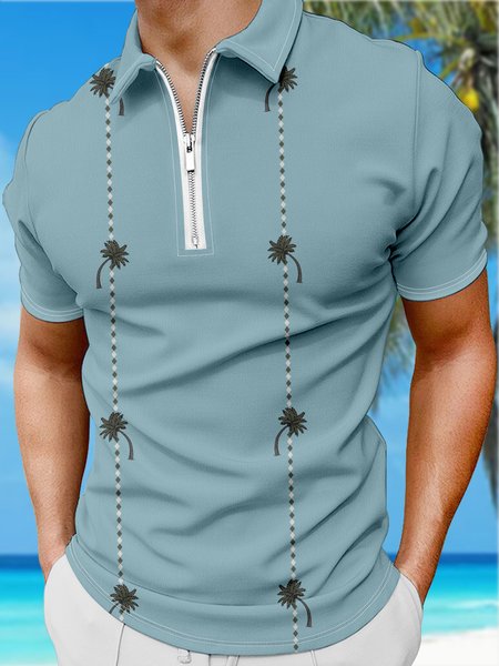 

Resort Style Hawaiian Series Botanical Geometric Coconut Tree Element Pattern Lapel Short-Sleeved Polo Print Top, Light blue, Men's t-shirts
