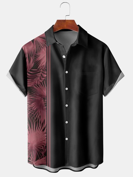 

Men's Palm Leaf Print Casual Breathable Hawaiian Short Sleeve Shirt, Black, Men's Floral shirt