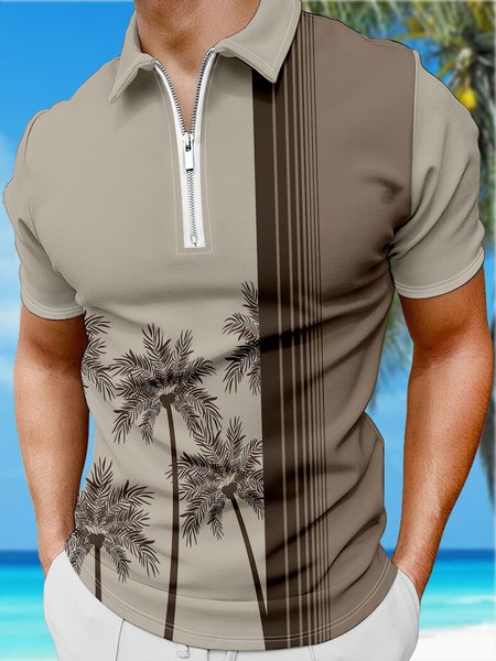 

Resort Style Hawaiian Series Botanical Geometric Stripes Leaf Element Pattern Lapel Short-Sleeved Polo Print Top, Brown, Men's t-shirts