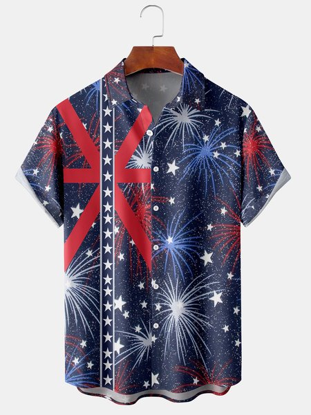 

Men's m Print Casual Fabric Fashion Pocket Lapel Short Sleeve Shirt, Blue, Men's Floral shirt