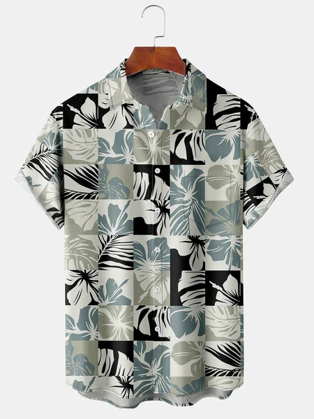 

Men's Botanical Print Casual Fabric Fashion Pocket Lapel Short Sleeve Shirt, Green, Men's Floral shirt