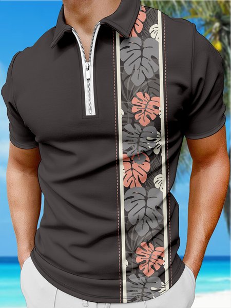 

Resort Style Hawaiian Series Botanical Geometric Stripes Leaf Element Pattern Lapel Short-Sleeved Polo Print Top, Taupe, Men's t-shirts