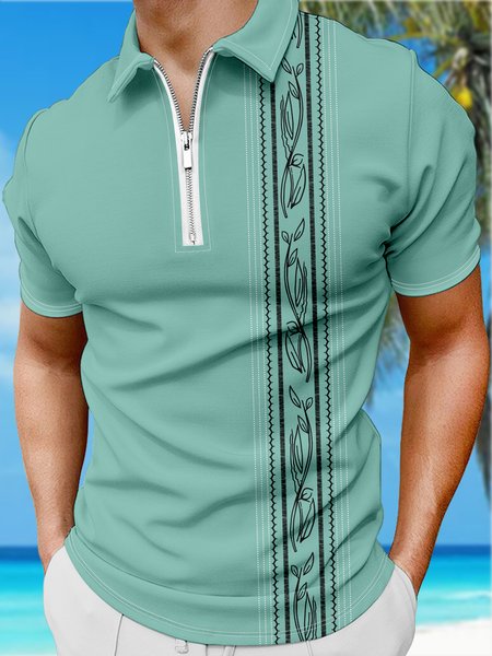 

Resort Style Hawaiian Series Botanical Geometric Stripes Leaf Element Pattern Lapel Short-Sleeved Polo Print Top, Lightgreen, Men's t-shirts