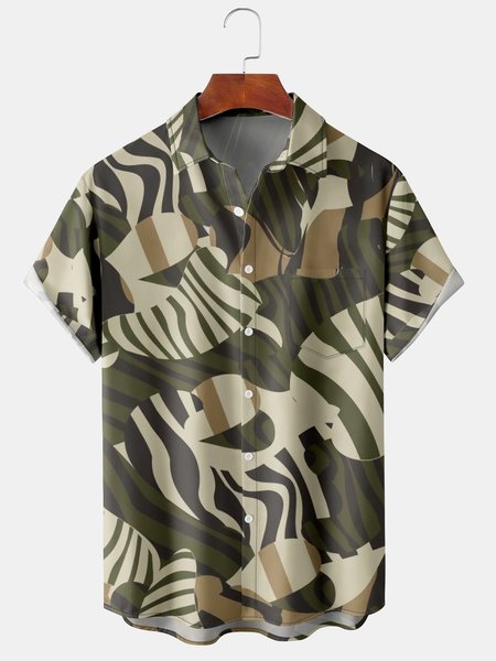 

Men's Striped Print Casual Short Sleeve Hawaiian Shirt with Chest Pocket, Green, Men's Floral shirt
