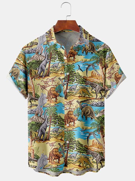 

Men's Dinosaur Print Casual Fabric Fashion Pocket Lapel Short Sleeve Shirt, Khaki, Men's Floral shirt