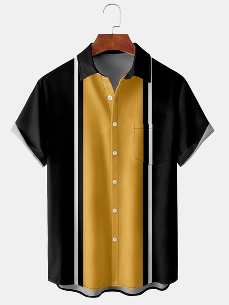 

Casual Art Collection Geometric Stripe Pattern Lapel Short Sleeve Shirt Print Top, Black, Men's Floral shirt