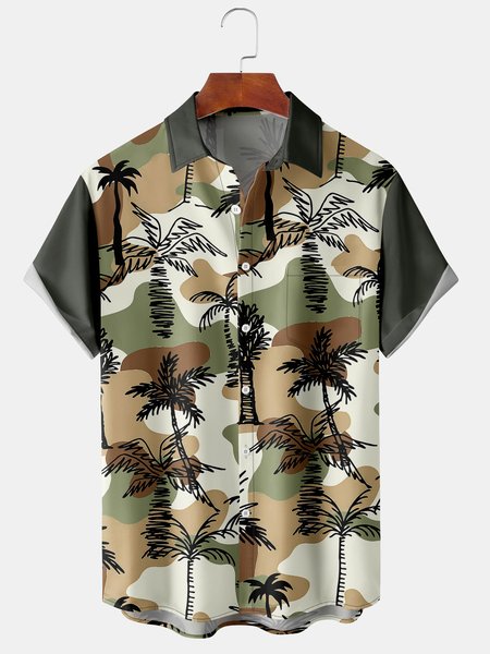 

Men's Botanical Camo Print Casual Fabric Fashion Pocket Lapel Short Sleeve Shirt, Green, Men's Floral shirt