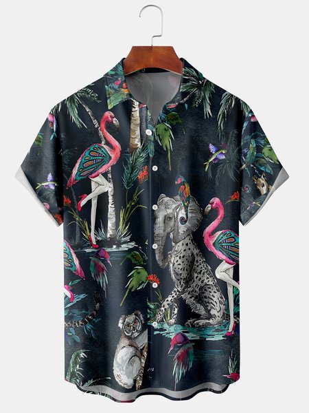 

Men's Flamingo Print Casual Fabric Fashion Pocket Lapel Short Sleeve Shirt, Black, Men's Floral shirt