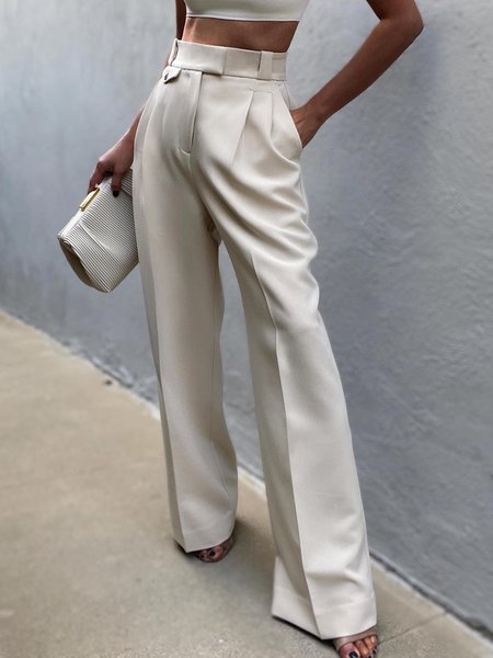 

Regular Fit Solid Straight Leg Fashion Pants, White, Wide Leg Pants