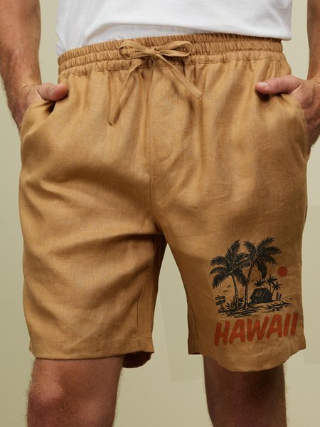

Cotton Linen Hawaiian Casual Shorts, Khaki, Men's shorts
