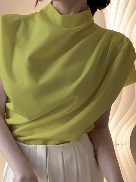

White Daily Plain Simple Short Sleeve Top, Yellow, Blouses and Shirts