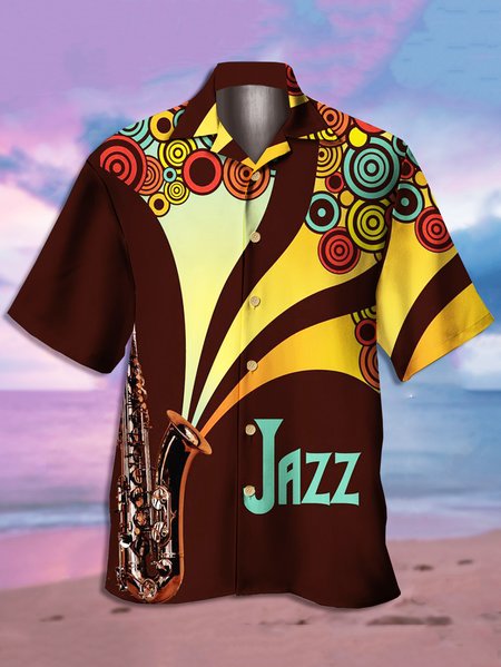 

Mens Music Print Casual Breathable Short Sleeve Aloha Shirt, Brown, Men's Floral shirt
