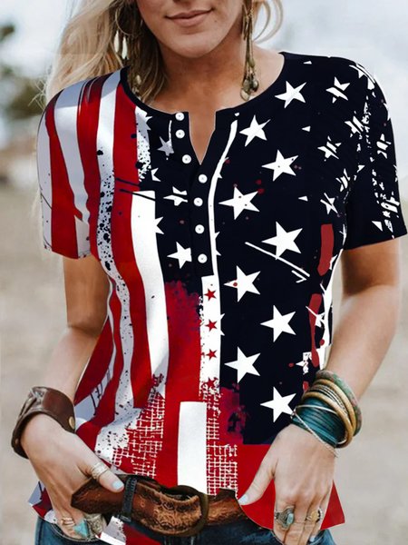 

Geometric gradient star button Easter American flag print top T-shirt Plus Size, Black-red, Tees & T-shirts