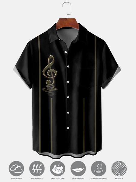 

Men's Music Print Moisture Wicking Fabric Fashion kou Hawaiian Lapel Short Sleeve Shirts, Black, Men's Floral shirt