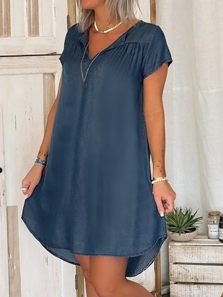 

Basic simple cotton denim wash loose a hem irregular hem short Dress Plus Size, Denim blue, Dresses