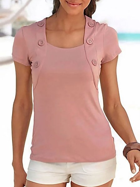 

Regular Fit Heart-Shaped Collar Casual Short Sleeve Tops, Pink, Blouses