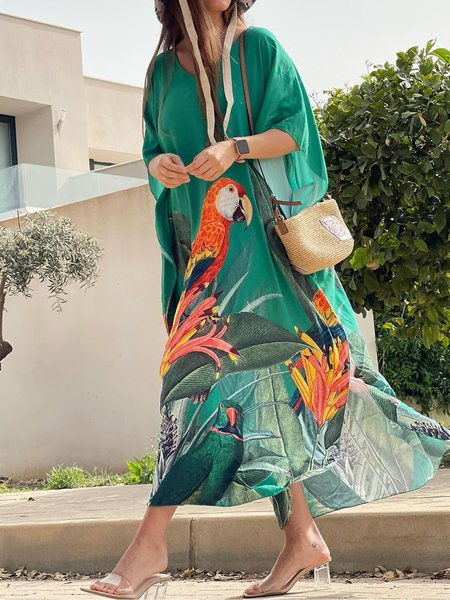 

Vacation Half sleeve Bird Loosen Dress, Green, Maxi Dresses