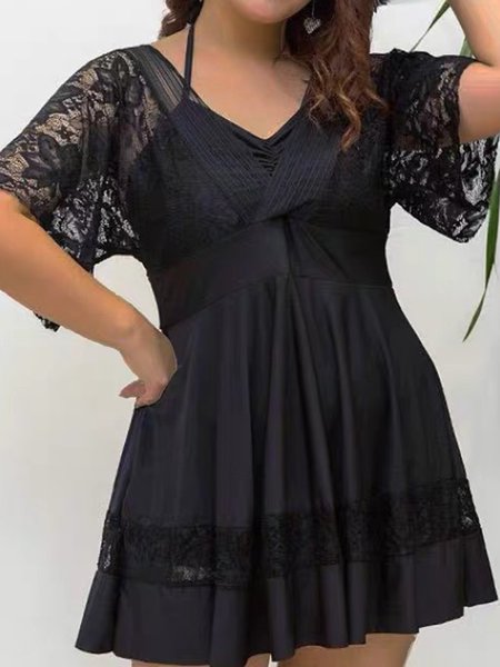 

JFN Short Sleeve Lace Cover Belly Slim Split Skirt Tankini Plus Size, Black, swimwear>>Tankinis