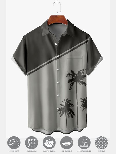 

Men's Coconut Tree Print Moisture Wicking Fabric Fashion Hawaiian Lapel Short Sleeve Shirts, Gray, Men's Floral shirt