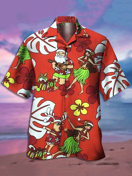 

Men Christmas Santa Guitar Hawaiian Print Front Buttons Soft Breathable Casual Aloha Shirts, Red, Men's Floral shirt