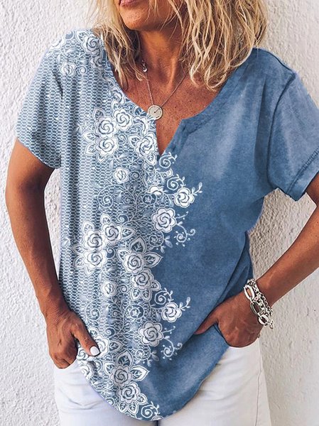 

Denim Blue Floral V-Neck Loose T-Shirt, T-Shirts