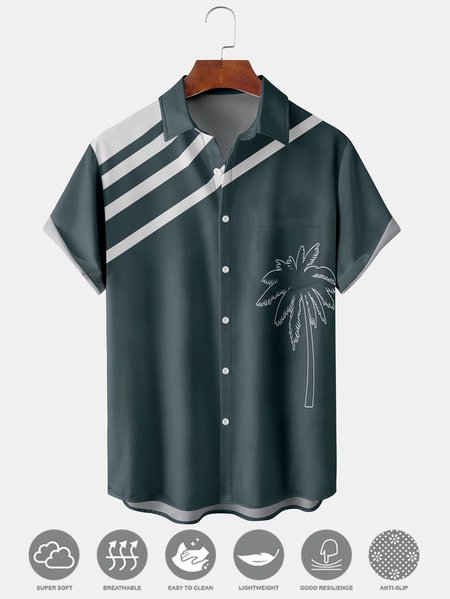 

Men's Coconut Tree Print Moisture Wicking Fabric Fashion Hawaiian Lapel Short Sleeve Shirts, Royal blue, Men's Floral shirt