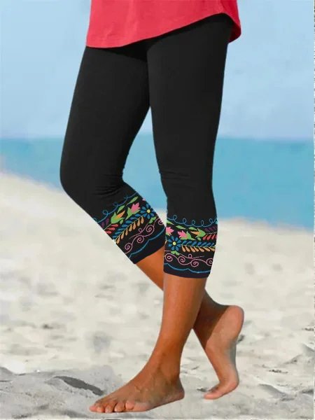 

Vacation Floral Casual Cotton Leggings, Black, Shorts