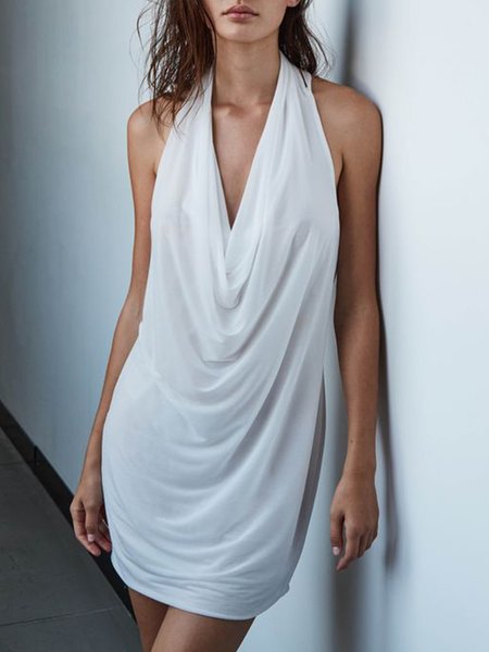 

Elegant Solid Cowl Neck Sleeveless Dress, White, Mini Dresses