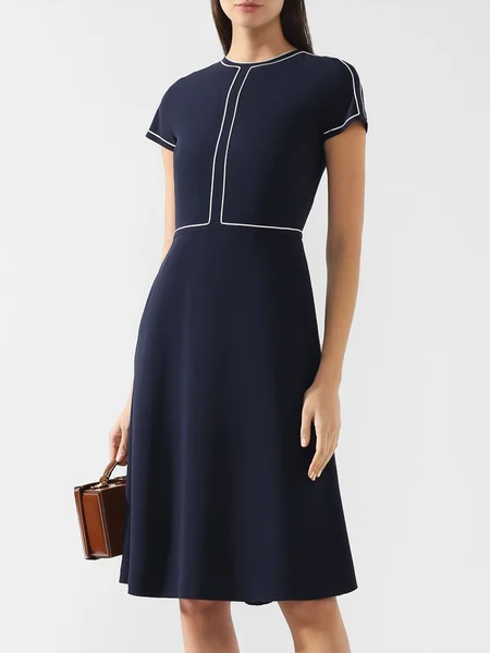 

Formal Elegant Crew Neck Color Block Short Sleeve Dress, Purplish blue, Midi Dresses