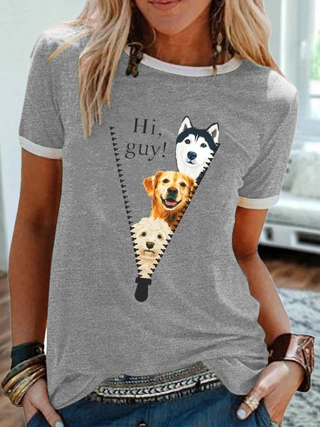 

Casual Funny Dog Print Crew Neck Ringer Tee, Gray, T-shirts