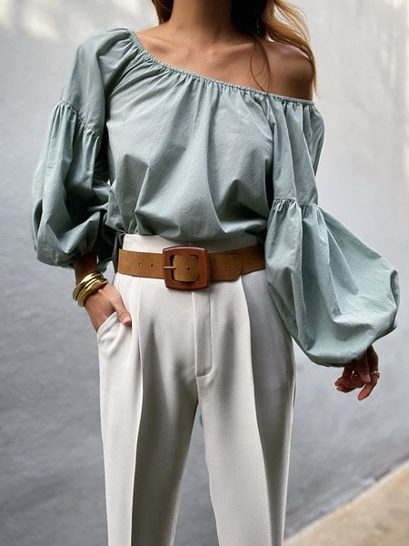 

Solid Regular Fit Boat Neck Simple Top, Lightgreen, Tops