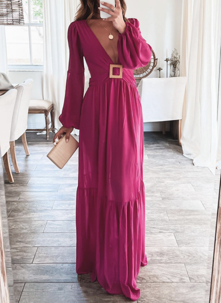 

Fit Vacation Plain Deep V Neck Maxi Dress, Rose red, Maxi Dresses