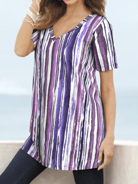 

Geometric Casual Loose T-Shirt, Purple, Tops