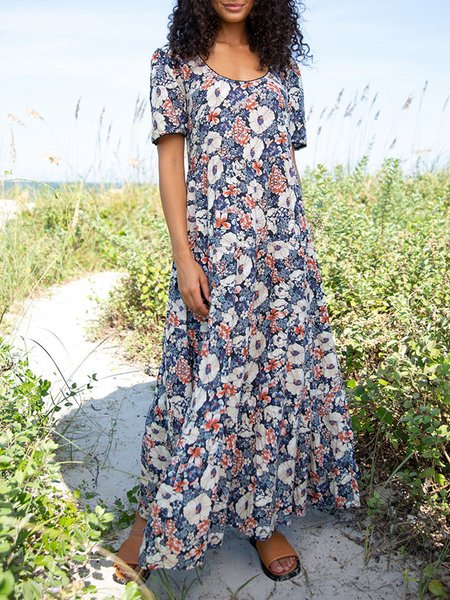 Holiday Floral Design Round Neck Short Sleeve Loose Dress, Dark blue, Dresses