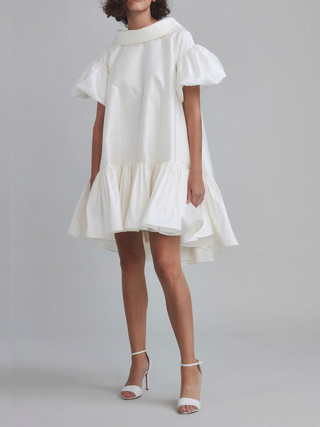 

Summer Lightweight A-line Short sleeve Lapel Dresses, White, Mini Dresses