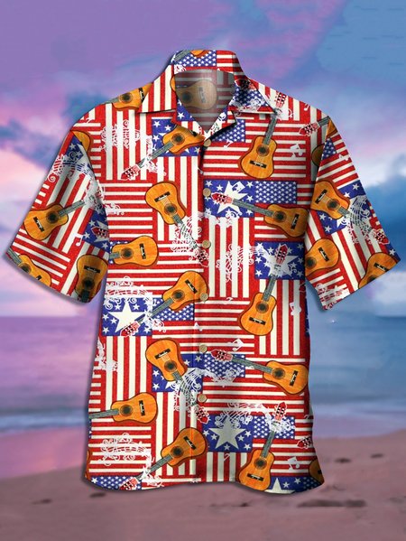 

Mens American Flag Print Casual Breathable Short Sleeve Aloha Shirt, Red, Men's Floral shirt