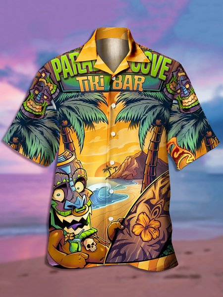 

Men's TIKI Print Casual Short Sleeve Hawaiian Shirt, Yellow, Men's Floral shirt