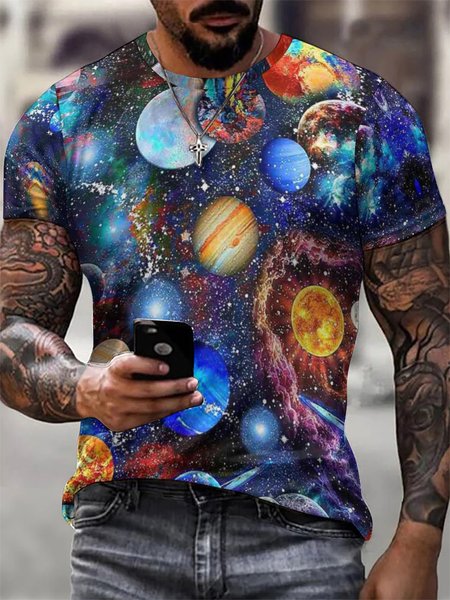 

Men‘s 3d Print Cosmic Planet Short Sleeve Geometric Crew Neck Short Sleeve T-Shirt, As picture, T-shirts