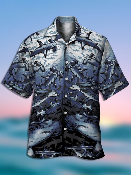 

Men's Ocean Fish Print Casual Fabric Hawaiian Collar Short Sleeve Shirt, Blue, Men's Floral shirt