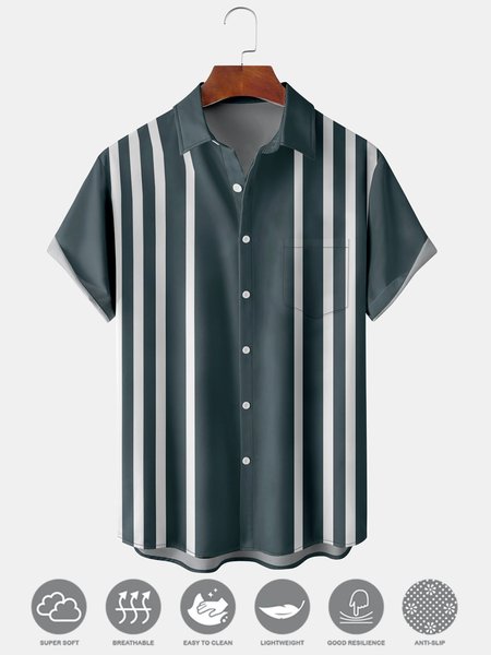 

Men's Striped Print Moisture Wicking Fabric Fashion Hawaiian Lapel Short Sleeve Shirts, Royal blue, Men's Floral shirt