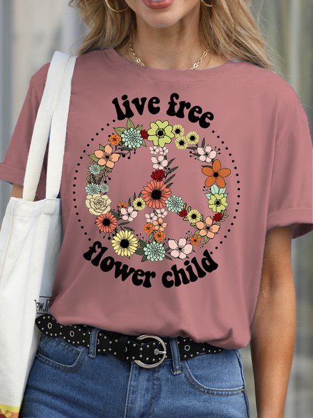 

Womens Live Free Flower Crew Neck Short Sleeve T-Shirt, Pink, T-shirts