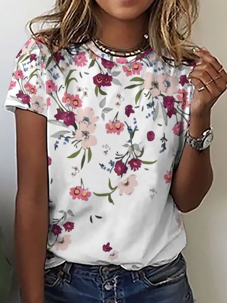 

Womens Flower Print Casual Short Sleeve T-Shirt, As picture, T-shirts